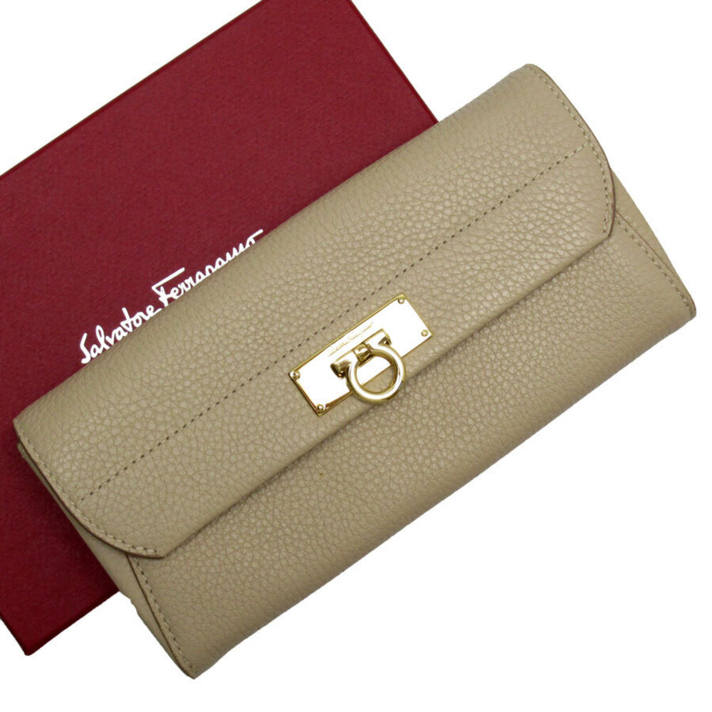 Salvatore Ferragamo long wallet Gancini leather beige gold